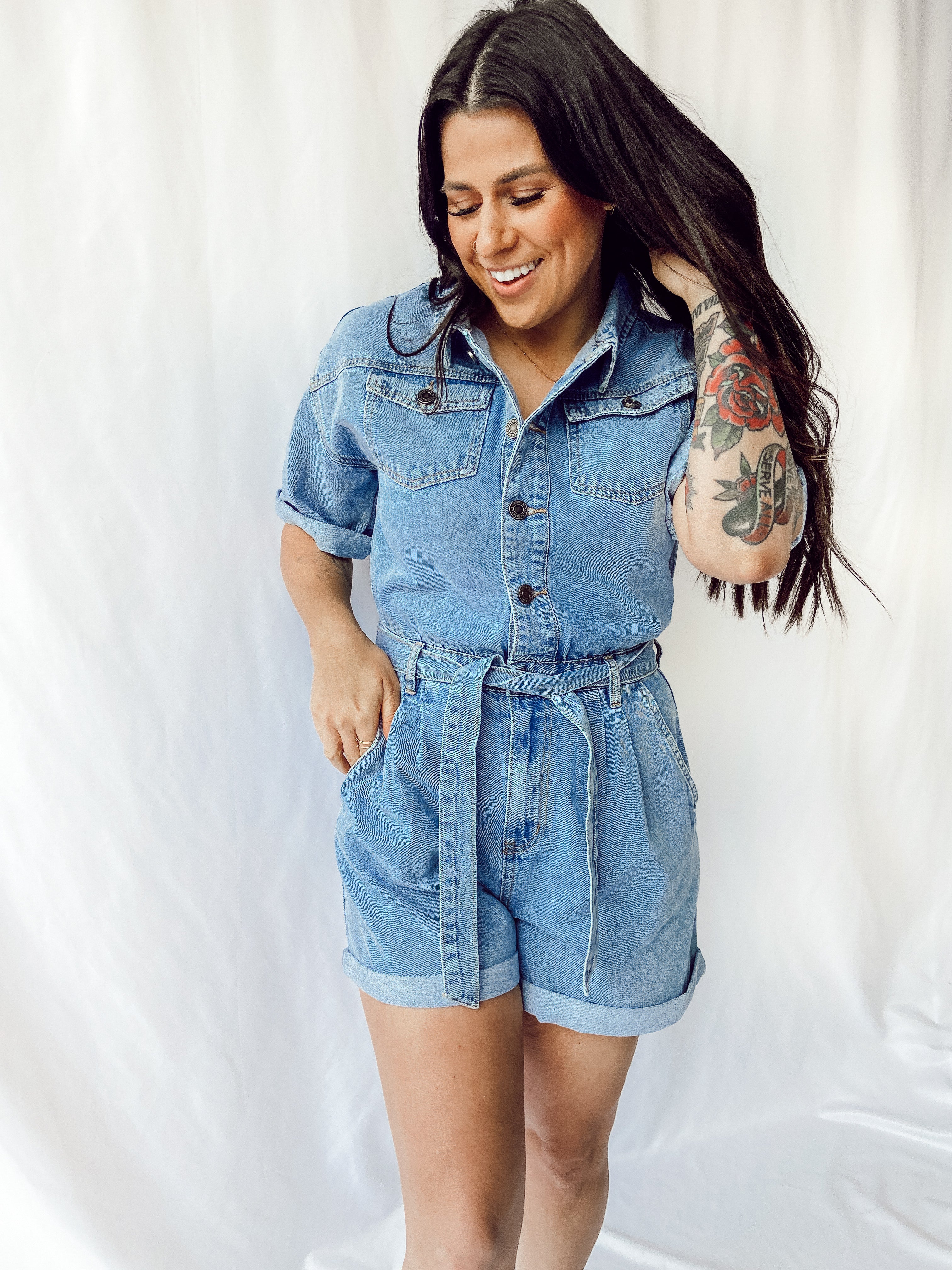 ECO Deana Belted Denim Romper デニム ロンパース Dean Denim Romper – Dear Ever Clothing